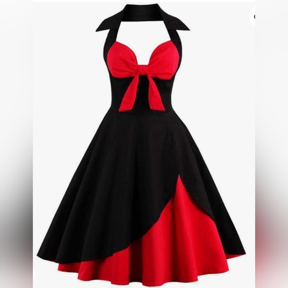 Women's Retro Red and Blaxk Halter top Rockabilly Swing Dress XL